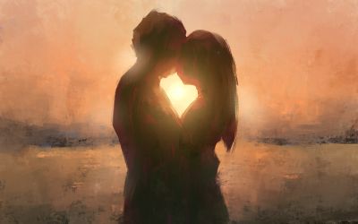 Graphic of a husband and wife hugging with a beautiful sunset behind them, to illustrate the article 
